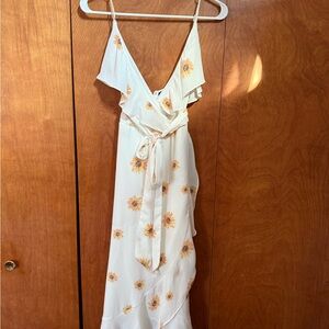 Lulu's White Asymmetrical Dress with Sunflower Print